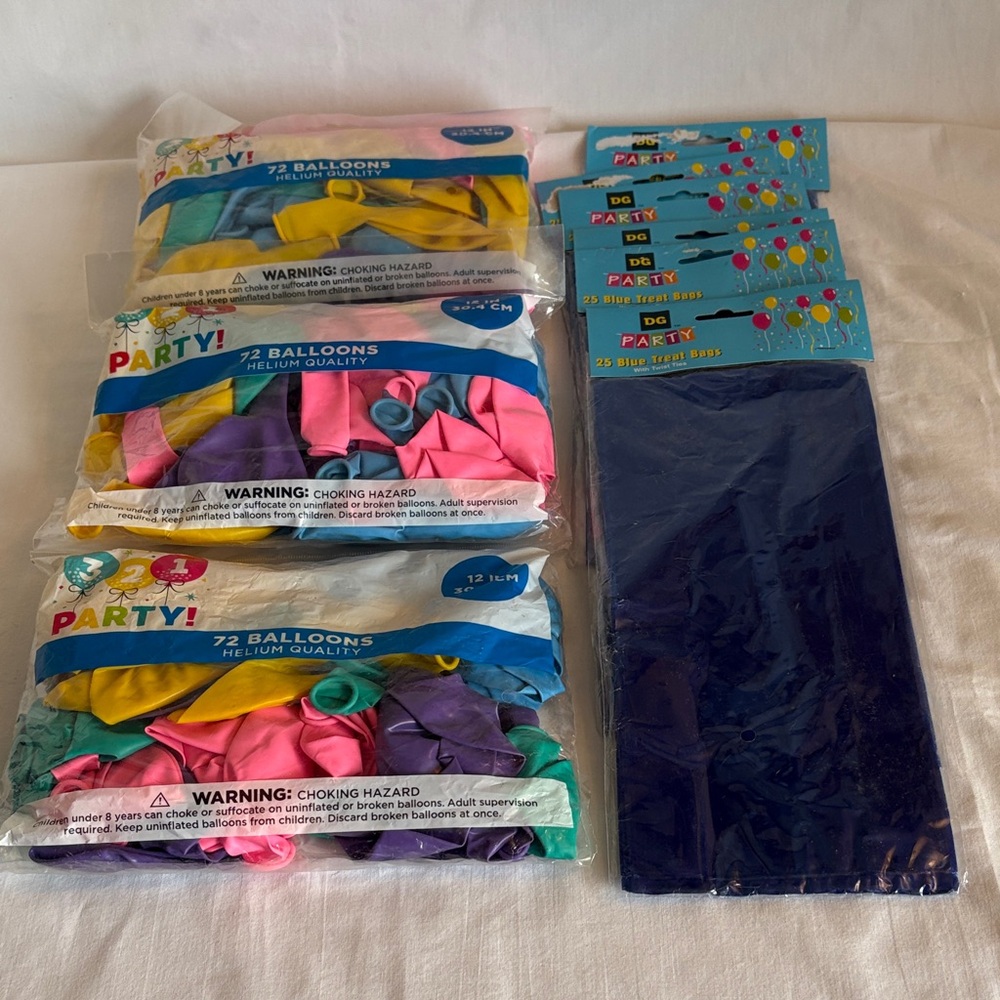 Colorful 72 ct  Party Balloons lot of 3 & Blue 25ct Party Treat Bags lot of 6